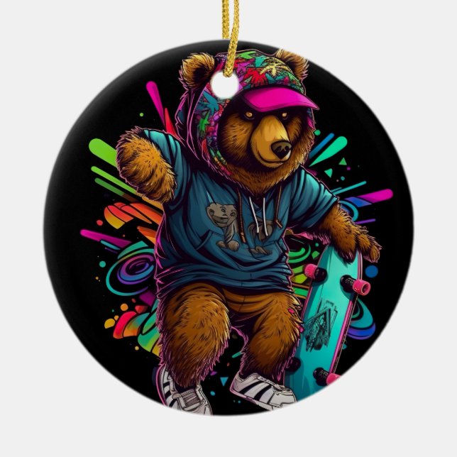 bear-wearing-hoodie-holding-skateboard ceramic tree decoration (Front)
