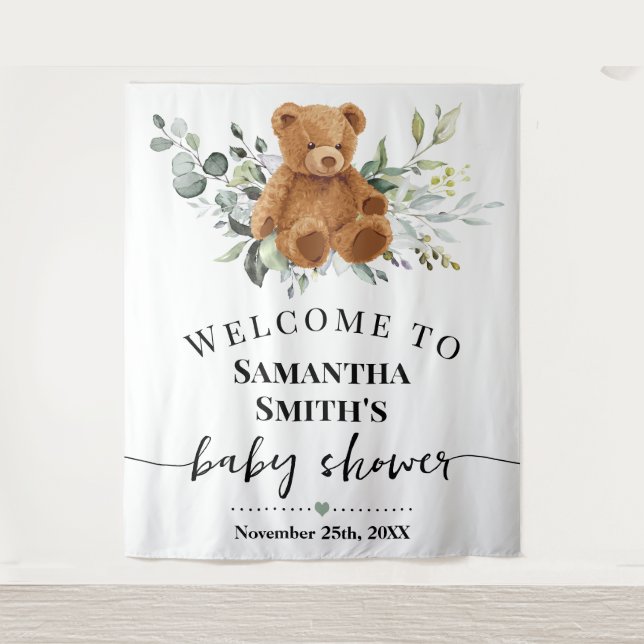 Bear Welcome Baby Shower Eucalyptus Greenery Tapestry (Front)