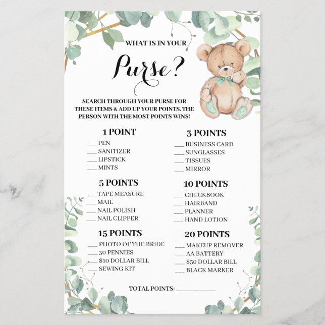 Bear What is in your Purse Baby Shower Game Card (Front)
