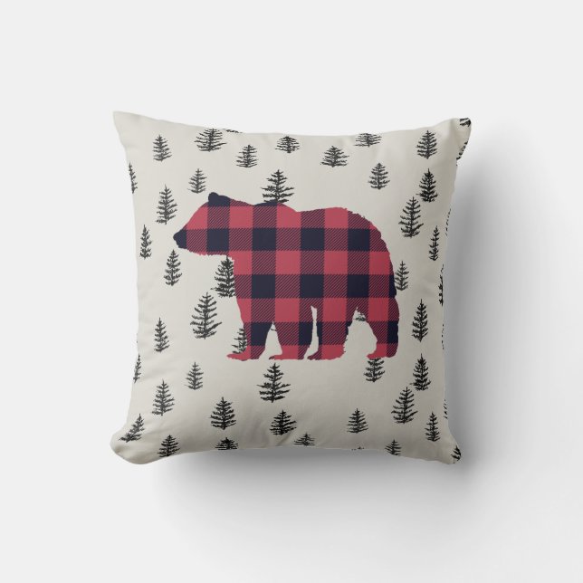 Bear Wilderness Pine Tree Cabin Throw Pillow (Front)