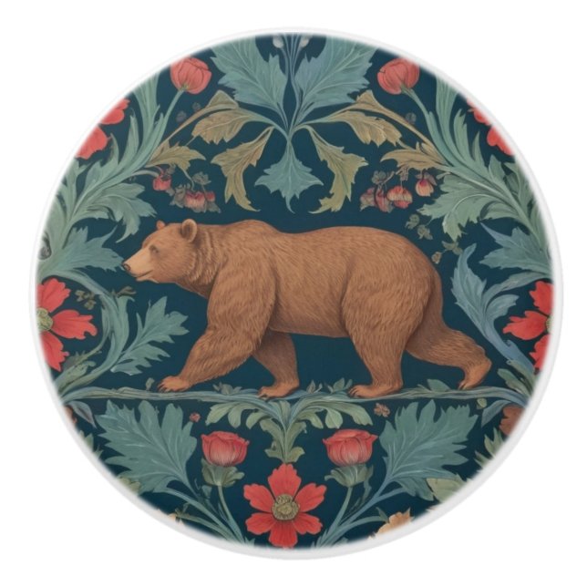 Bear William Morris style Left Facing Red Floral Ceramic Knob (Front)