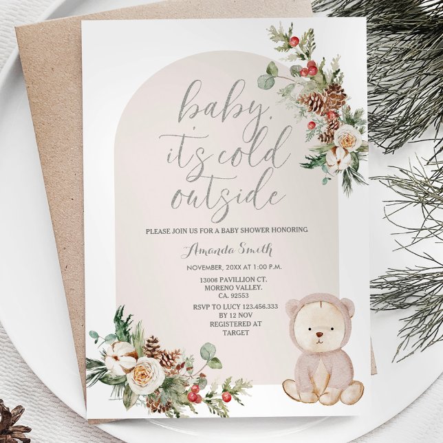 Bear Winter Berries Snowflakes Trees Baby Shower Invitation (Creator Uploaded)