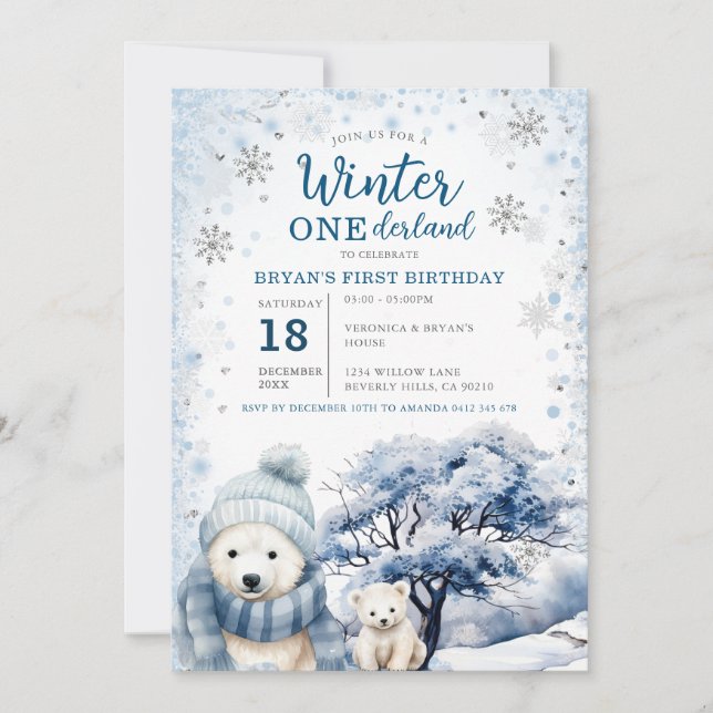 Bear Winter Onederland Arctic Animals Birthday Invitation (Front)