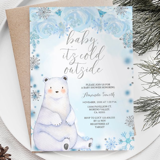 Bear Winter Silver Snowflakes Flowers Baby Shower Invitation (Creator Uploaded)