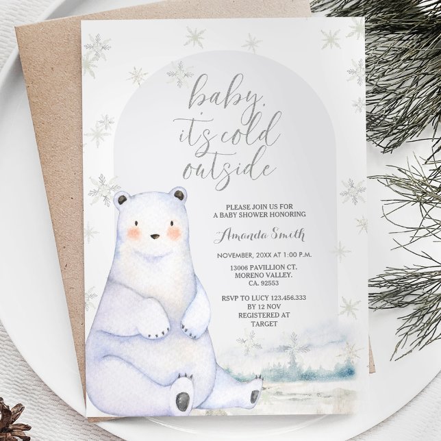 Bear Winter Silver Snowflakes Mountain Baby Shower Invitation (Creator Uploaded)