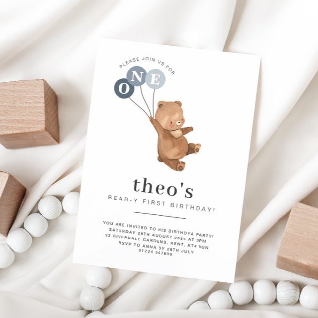 Bear with 3 Blue Balloons 1st Birthday Invitation (Creator Uploaded)