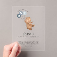 Bear with 3 Blue Balloons 1st Birthday Invitation