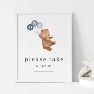 Bear with 3 Blue Balloons Favour Sign