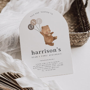 Bear with 3 Brown Balloons 1st Arch Birthday Invitation