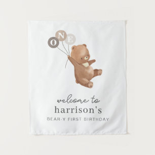 Bear with 3 Brown Balloons Welcome Sign Tapestry