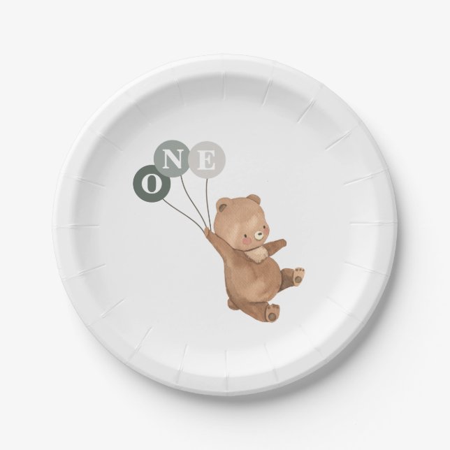 Bear with 3 Green Balloons 1st Birthday Paper Plate (Front)