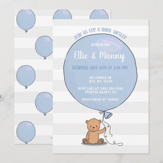 Bear with Balloon Baby Shower Invitation | Blue (Front/Back)