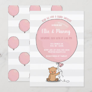 Bear with Balloon Baby Shower Invitation   Pink