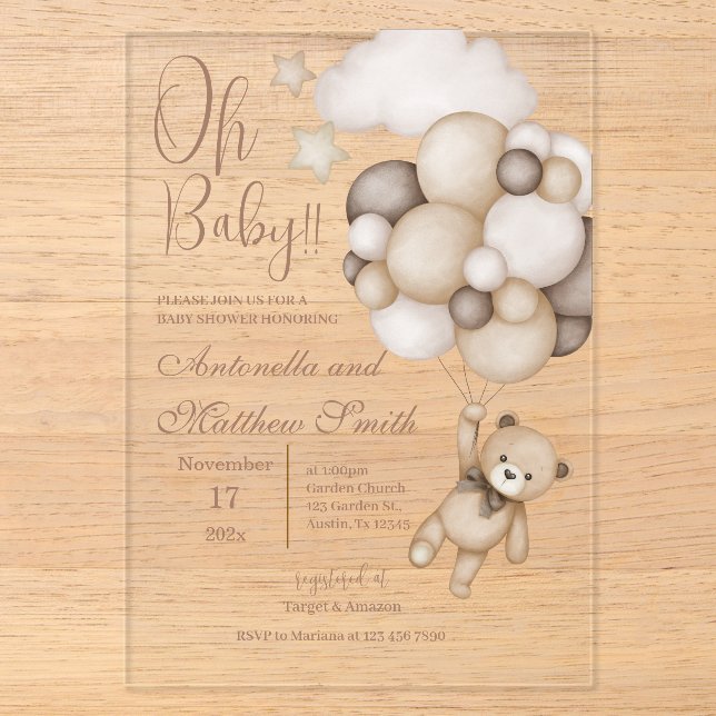 bear with balloons baby shower acrylic invitations (Front)
