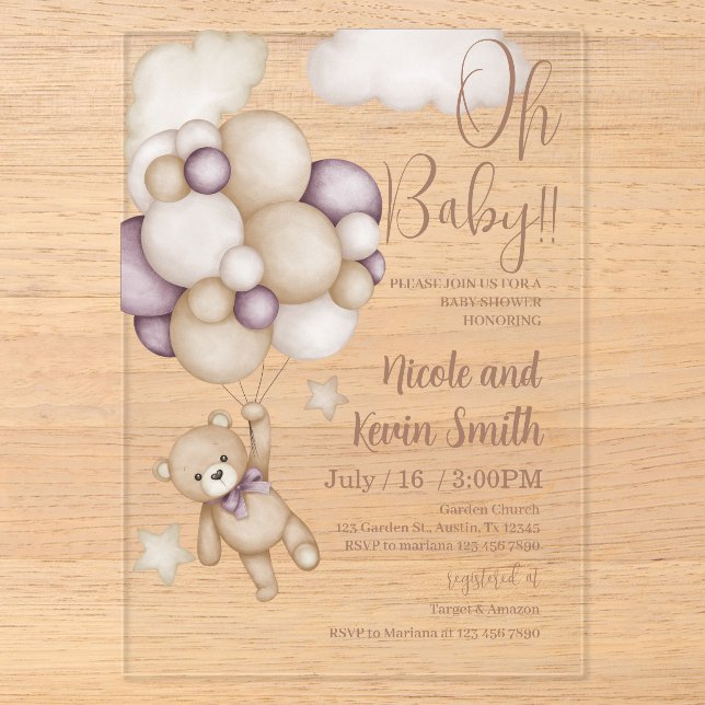 bear with balloons baby shower acrylic invitations (Front)