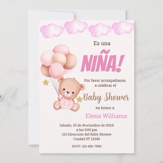 Bear with Balloons Baby shower girl Spanish Invitation (Front)