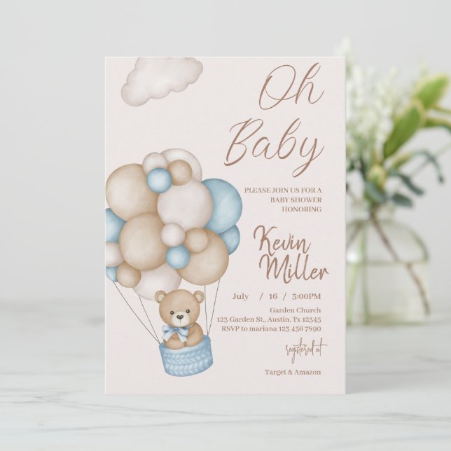 bear with balloons baby shower invitation (Standing Front)
