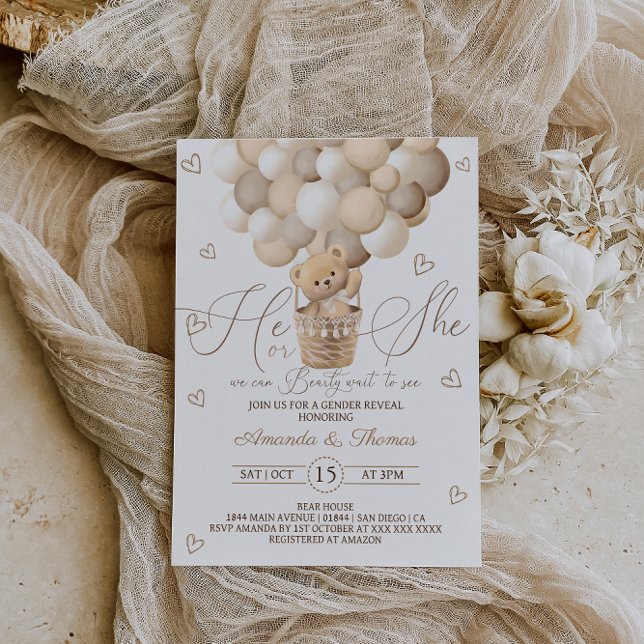Bear with Balloons & Hearts Gender Reveal Invitation (Creator Uploaded)
