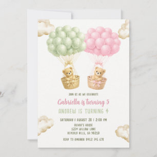 Bear With Balloons Joint Sibling Birthday Invitation