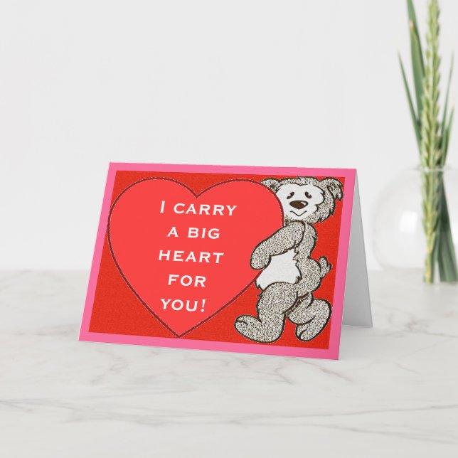 Bear With Big Heart For You Red & Pink Valentine Holiday Card (Front)