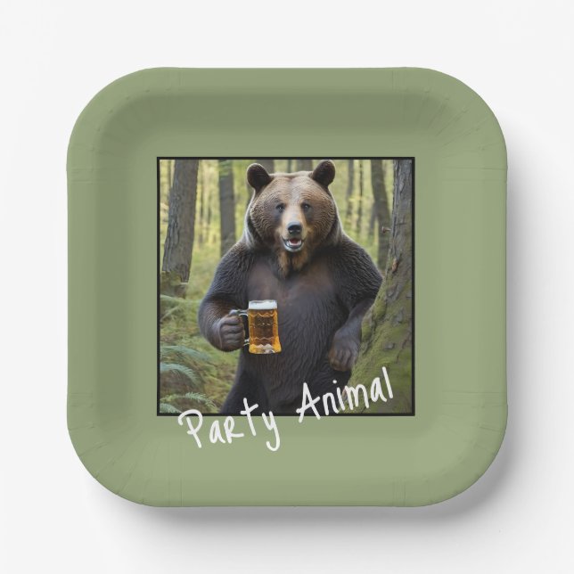 Bear with Birthday Beer Paper Plate (Front)