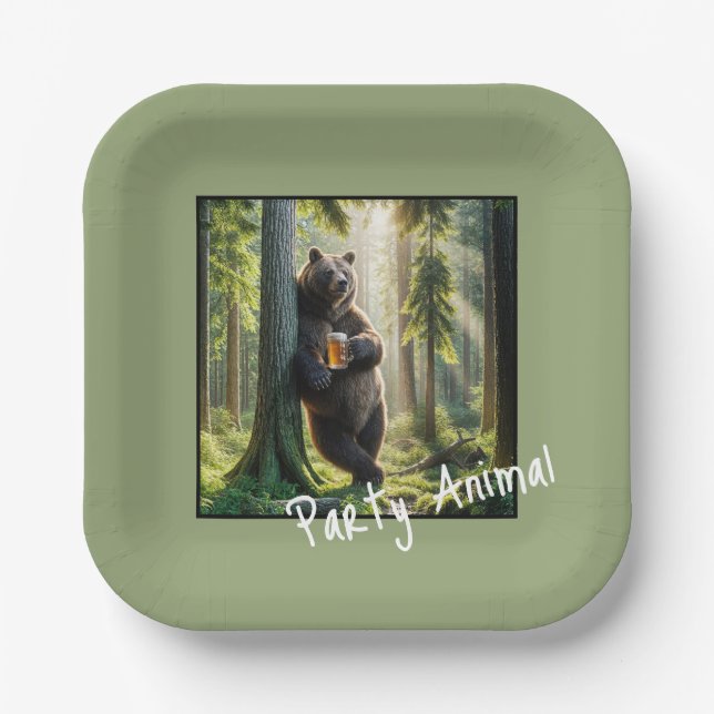 Bear with Birthday Beer Paper Plate (Front)