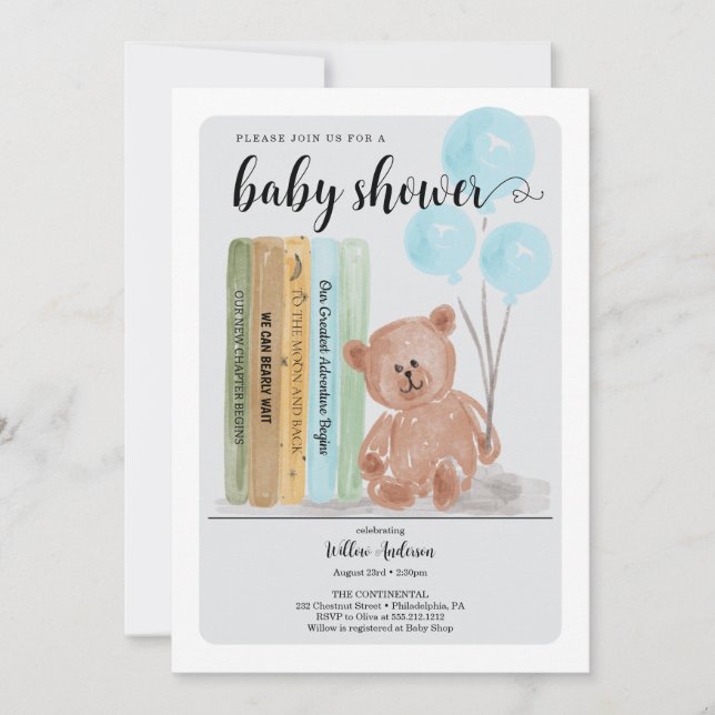 Bear with Books Bearly Wait Boy Baby Shower Invitation (Front)