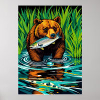 Bear With Catch – Bold Salmon Hunt River Scene