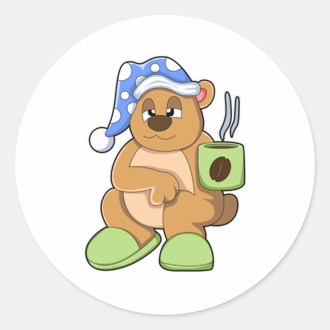 Bear with Cup of Coffee & Sleepyhead Classic Round Sticker (Front)