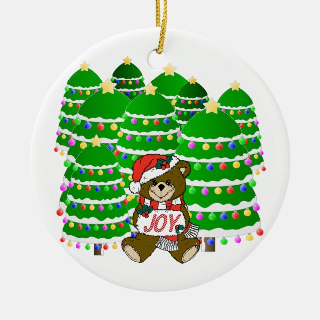Bear with JOY Sign and Trees Christmas Ceramic Tree Decoration (Front)