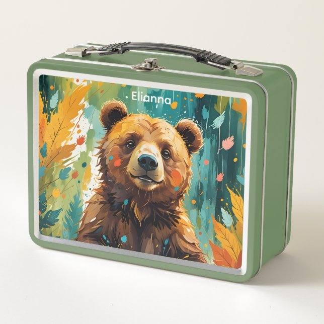 Bear With Painted Background Kid's Metal Lunch Box (Front)