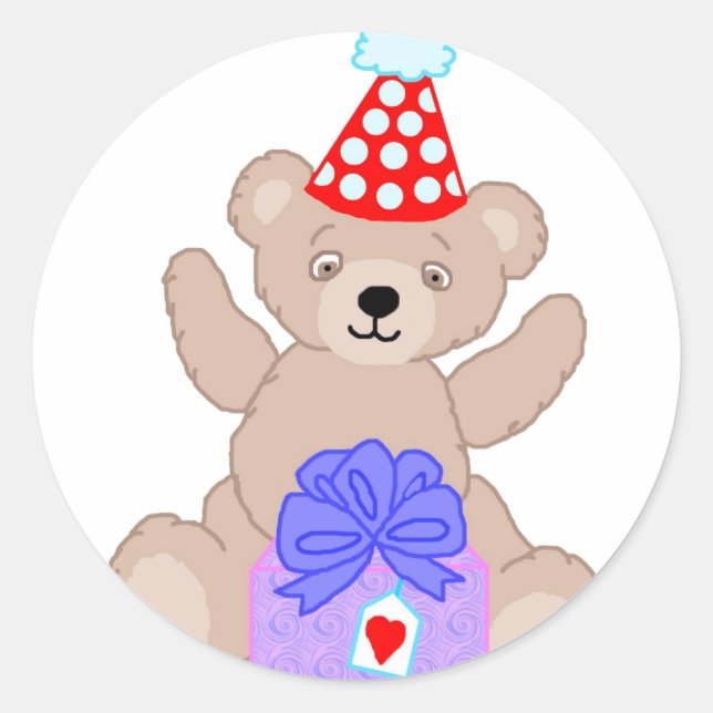 Bear with present-1-t classic round sticker (Front)