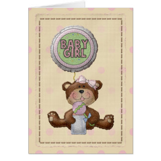 Bear with Rattle & Baby Girl Balloon Blank Card