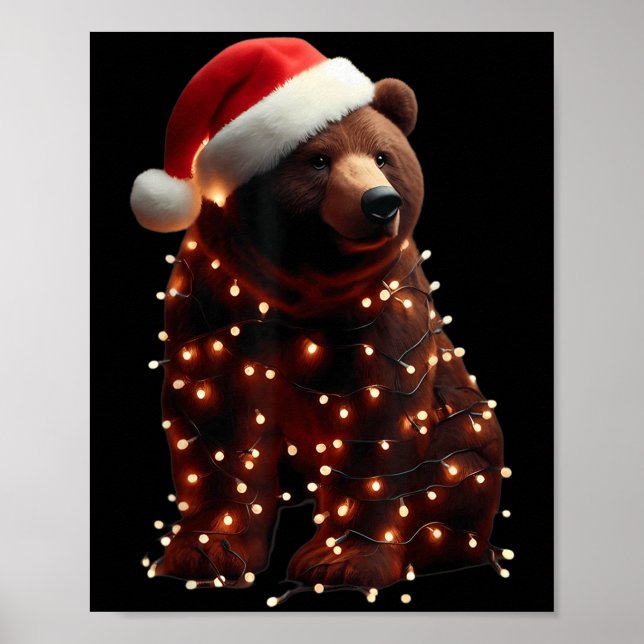 Bear With Santa Hat And Christmas Lights Xmas Brow Poster (Front)