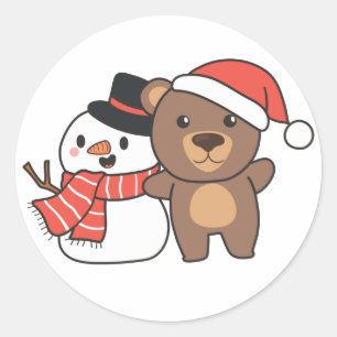 Bear With Snowman In Winter For Christmas Classic Round Sticker