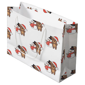 Bear With Snowman In Winter For Christmas Large Gi Gift Bag