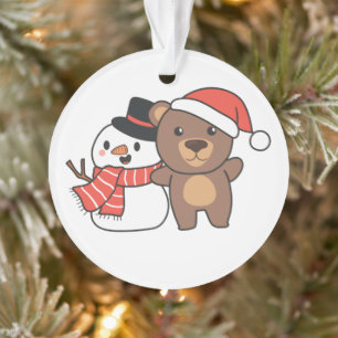 Bear With Snowman In Winter For Christmas Ornament