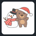 Bear With Snowman In Winter For Christmas Square Sticker<br><div class="desc">Bear with snowman in winter for Christmas - a snowman for winter and Christmas. A winter greeting in the cold season for the holidays. Christmas bear with snowman.</div>
