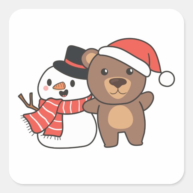 Bear With Snowman In Winter For Christmas Square Sticker (Front)