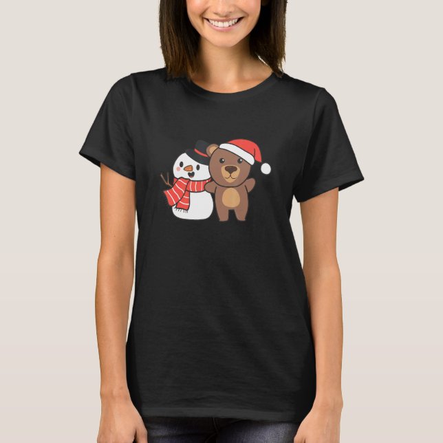 Bear With Snowman In Winter For Christmas T-Shirt (Front)