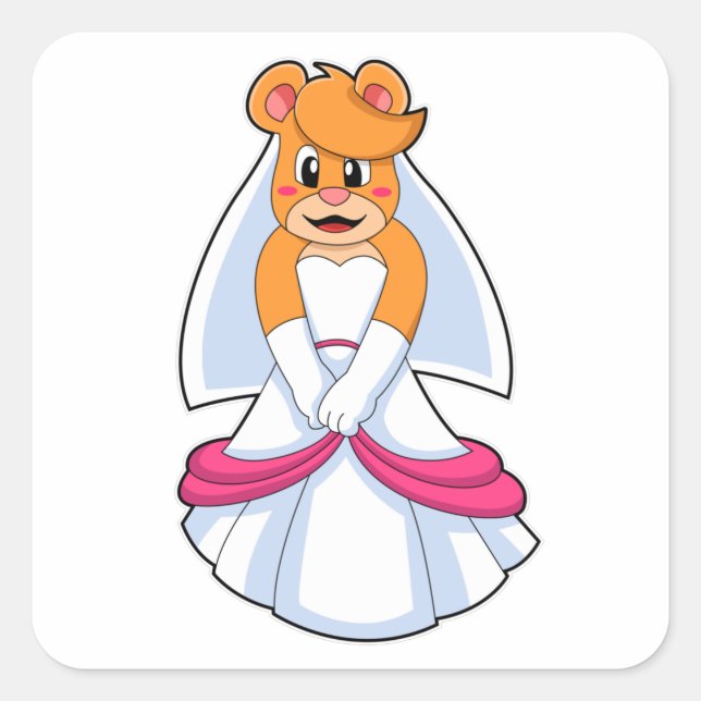 Bear with Wedding dress & Veil Square Sticker (Front)