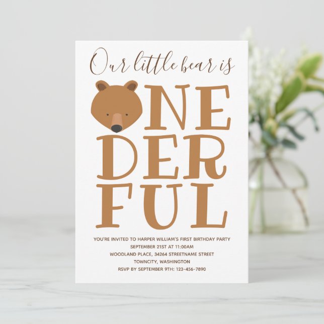 Bear Wonderful One 1st Birthday Invitation (Standing Front)