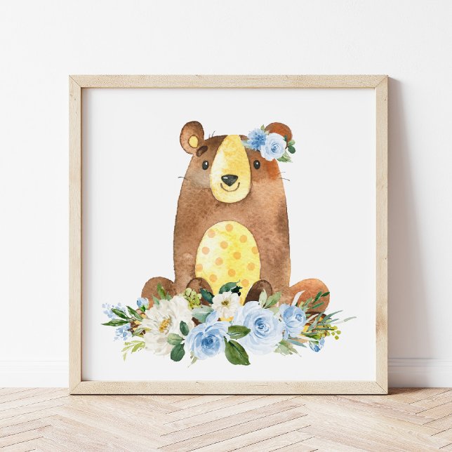Bear, Woodland Animals, Boho, Blue Flowers Photo Print (Creator Uploaded)