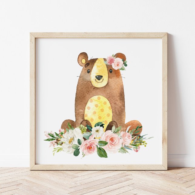 Bear, Woodland Animals, Boho, Pink Flowers Poster (Creator Uploaded)