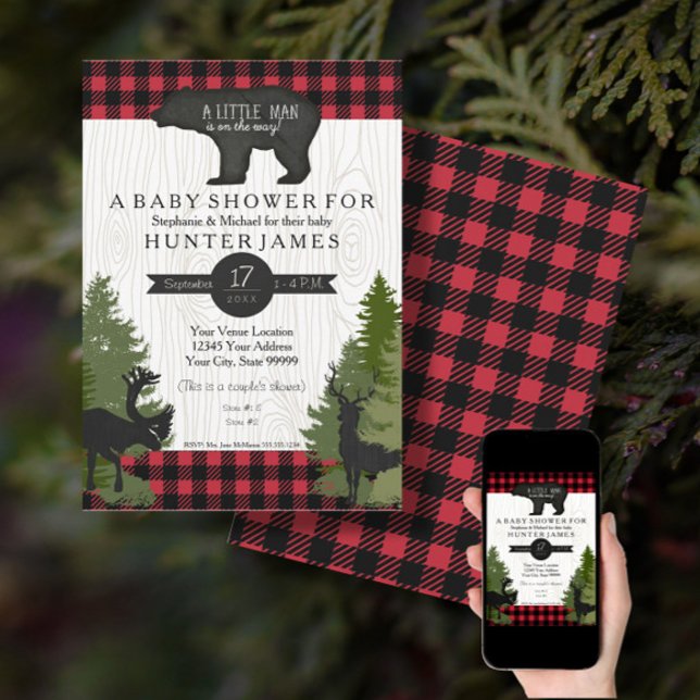 Bear Woodland Forest Buffalo Check Baby Shower 5x7 Invitation (Creator Uploaded)