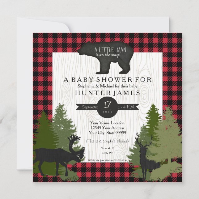 Bear Woodland Forest Lumberjack Plaid Baby Shower Invitation (Front)