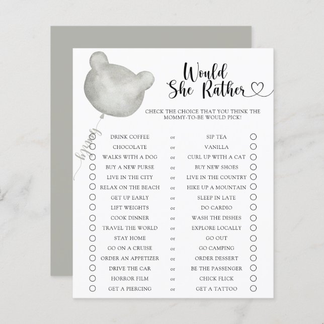 Bear / Would She Rather Baby Shower Game (Front/Back)