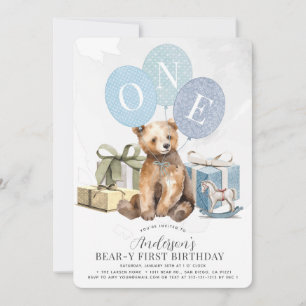 Bear-y 1st Birthday Bear Blue Balloon Boy Invitation