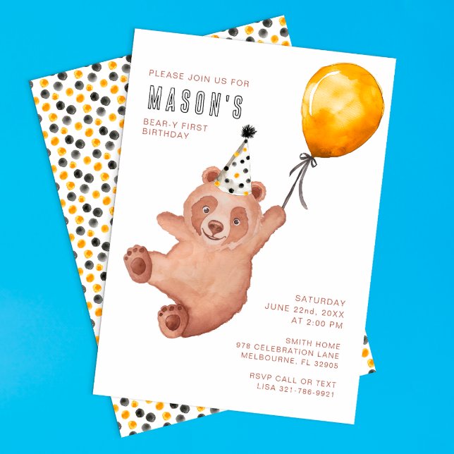 Bear-y Cute 1st Birthday Invitation – Brown Teddy  (Bear Themed Birthday Party Invite)