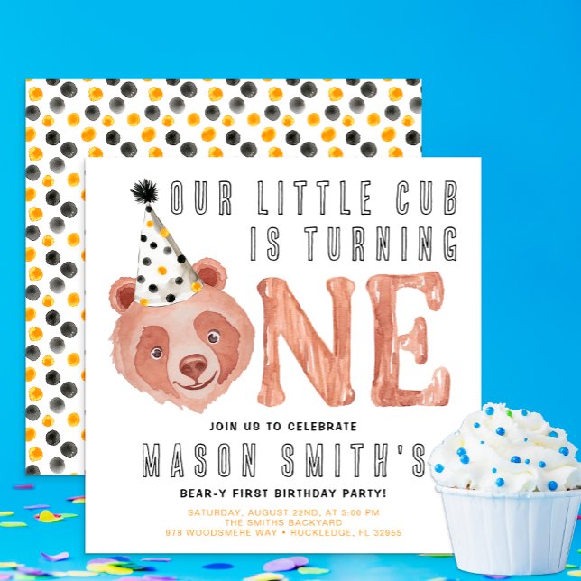 Bear-y Cute “Party Animal” 1st Birthday Invitation (One Beary Cute Birthday Invite)